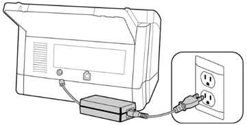 Illustration of a power supply connecting a scanner to a power source.