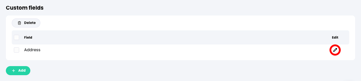 Organizations, Options tab, Custom fields section with the Edit button highlighted for an existing custom field