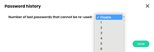 Password history pop-up with the 'Number of last passwords that cannot be reused' menu active