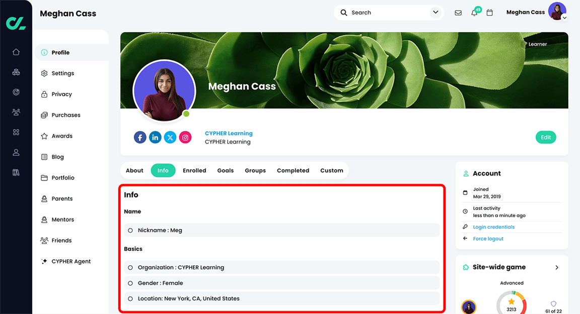 Learner profile page, Info tab with the Name and Basics sections highlighted and the City updated to the learner's answer in the Account field question