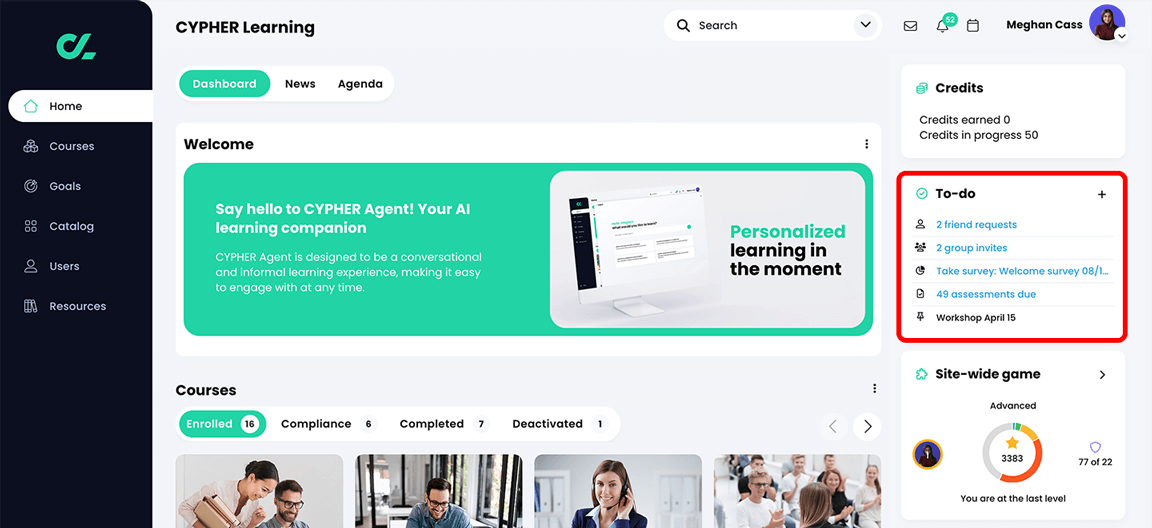 Home dashboard with the To-do widget highlighted and indicating 2 new friend requests
