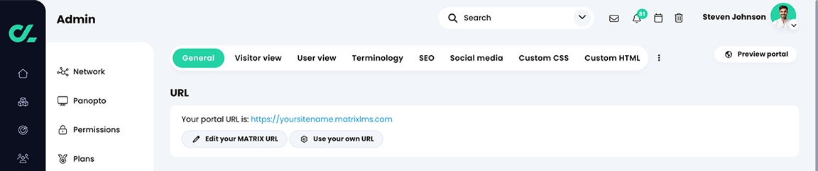 Admin, Portal, General tab, URL section
