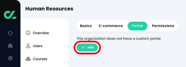 Organization, Admin, Portal tab with the Add button highlighted