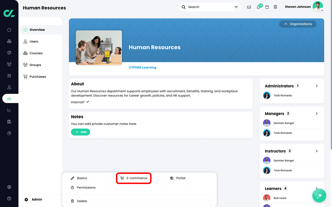 Organization page with the organization menu's Admin menu active and the E-commerce button highlighted
