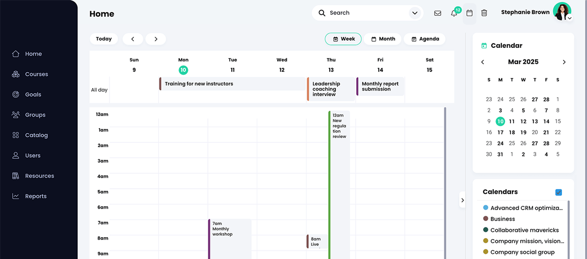 Weekly view of the main calendar