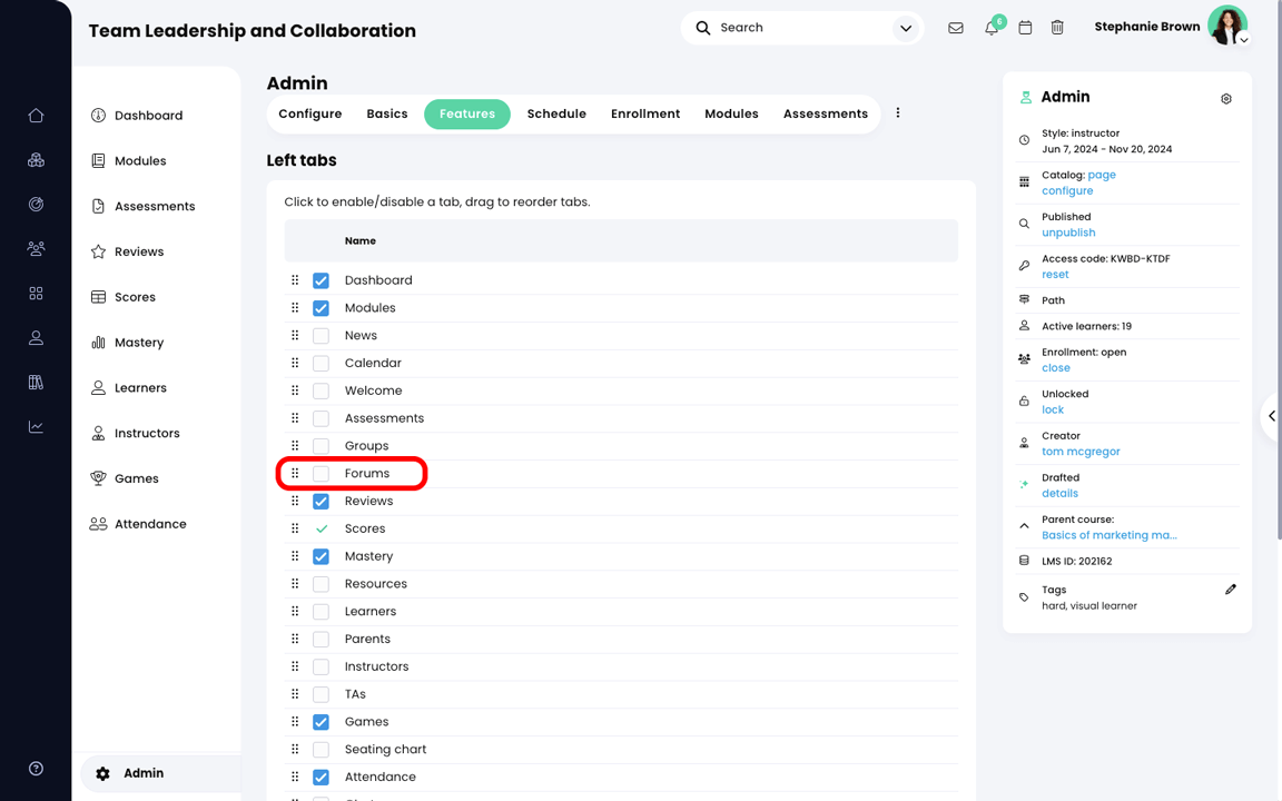 Onglet Cours, Administration, Fonctionnalités avec les forums mis en évidence