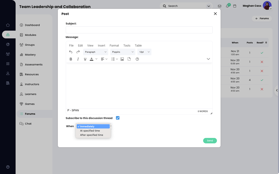 Une fenêtre contextuelle s'ouvre avec le menu déroulant de planification des publications actif.