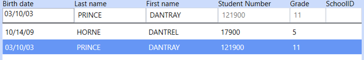 Close-up of the data entry fields with the student match highlighted and the data entry fields filled with the selected student's information.