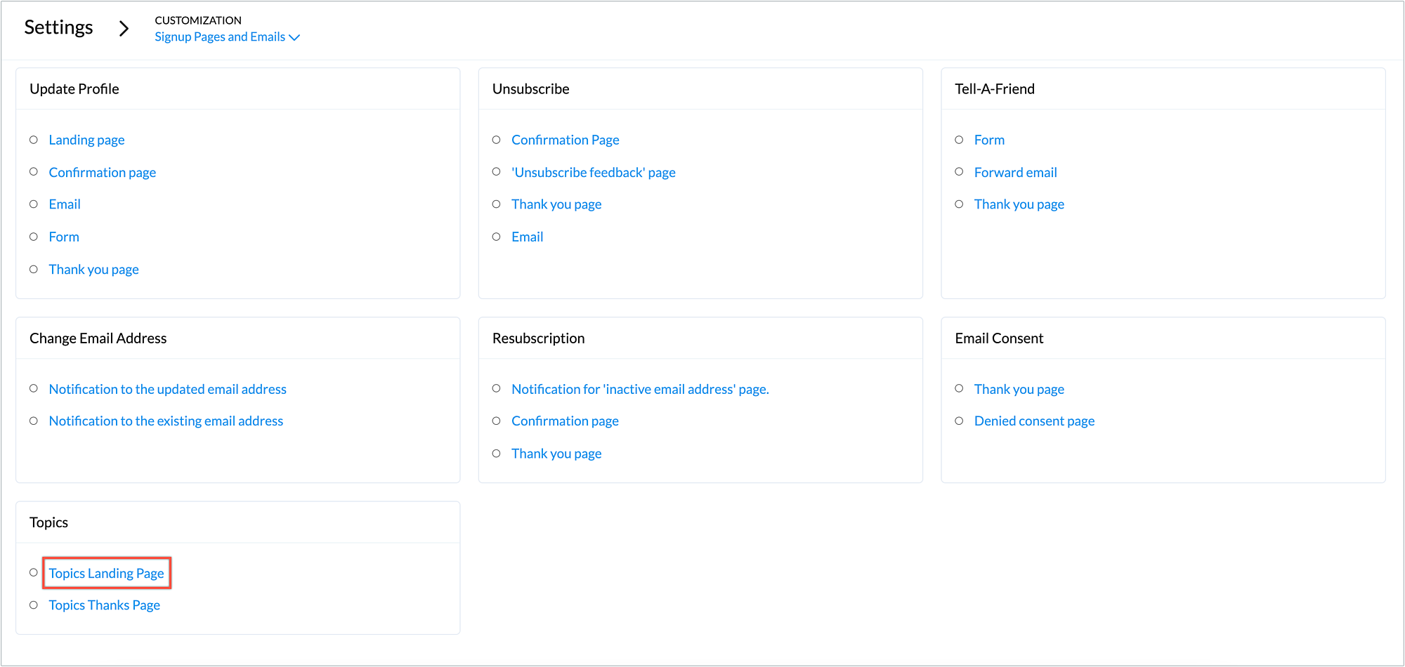 Topics landing page