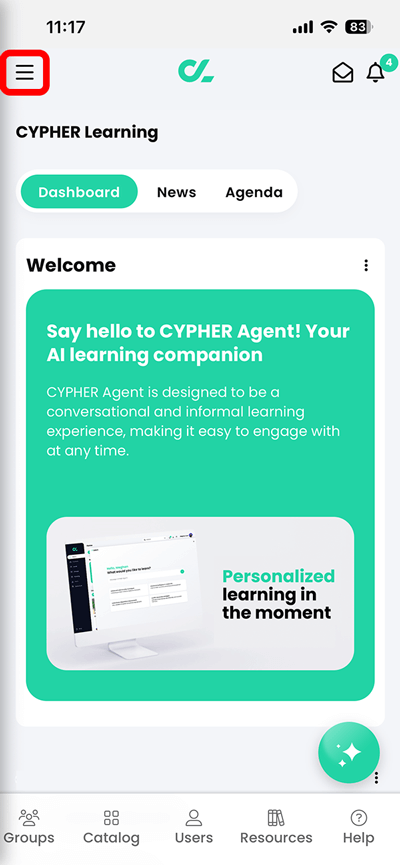 CYPHER Learning app, home dashboard with the hamburger menu highlighted