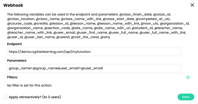 Webhook pop-up with an example Endpoint and Parameters entered