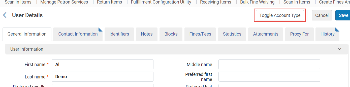 User Details page with Toggle Account Type button highlighted in red box.