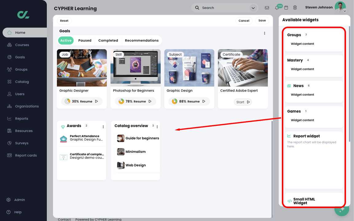 Center panel edit mode with several widgets highlighted in the Available widgets column with an arrow pointing at the center panel