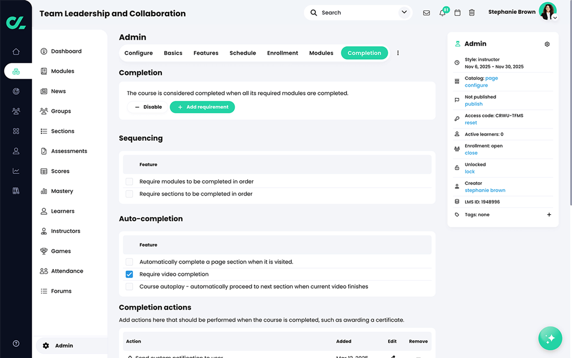 Course, Admin, Completion tab