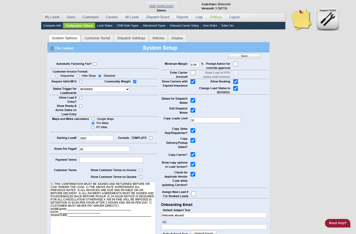 0Demo Configuration Options screen showing manual load number entry