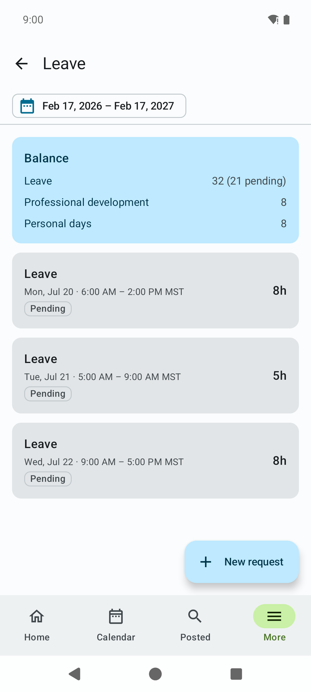 The Leave screen with a balance card showing Leave, Professional development, and Personal days balances including pending hours, a list of pending leave days, and a New request button.