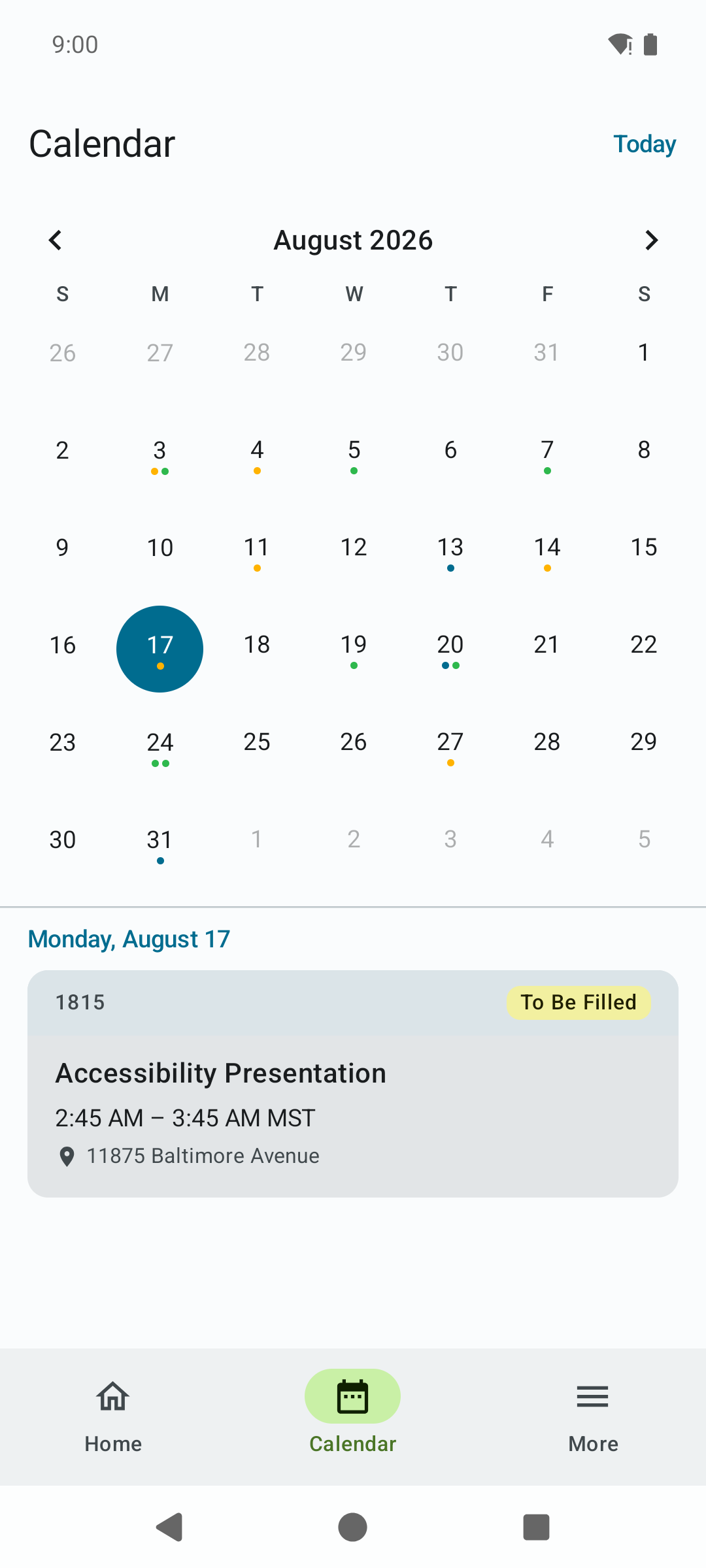 The requester Calendar tab with yellow, green, and red status dots on the month grid and a selected day's requests listed below.