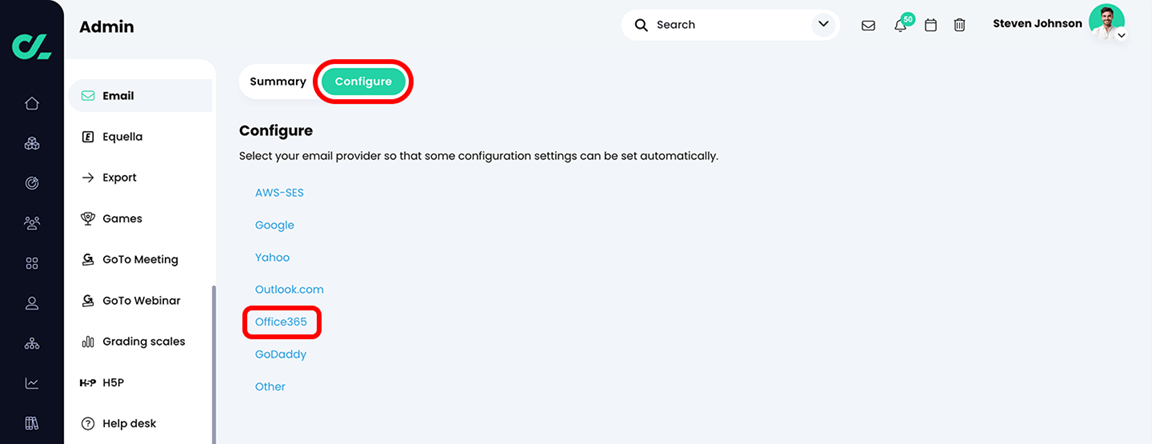Admin, Email, Configure tab with Office365 highlighted