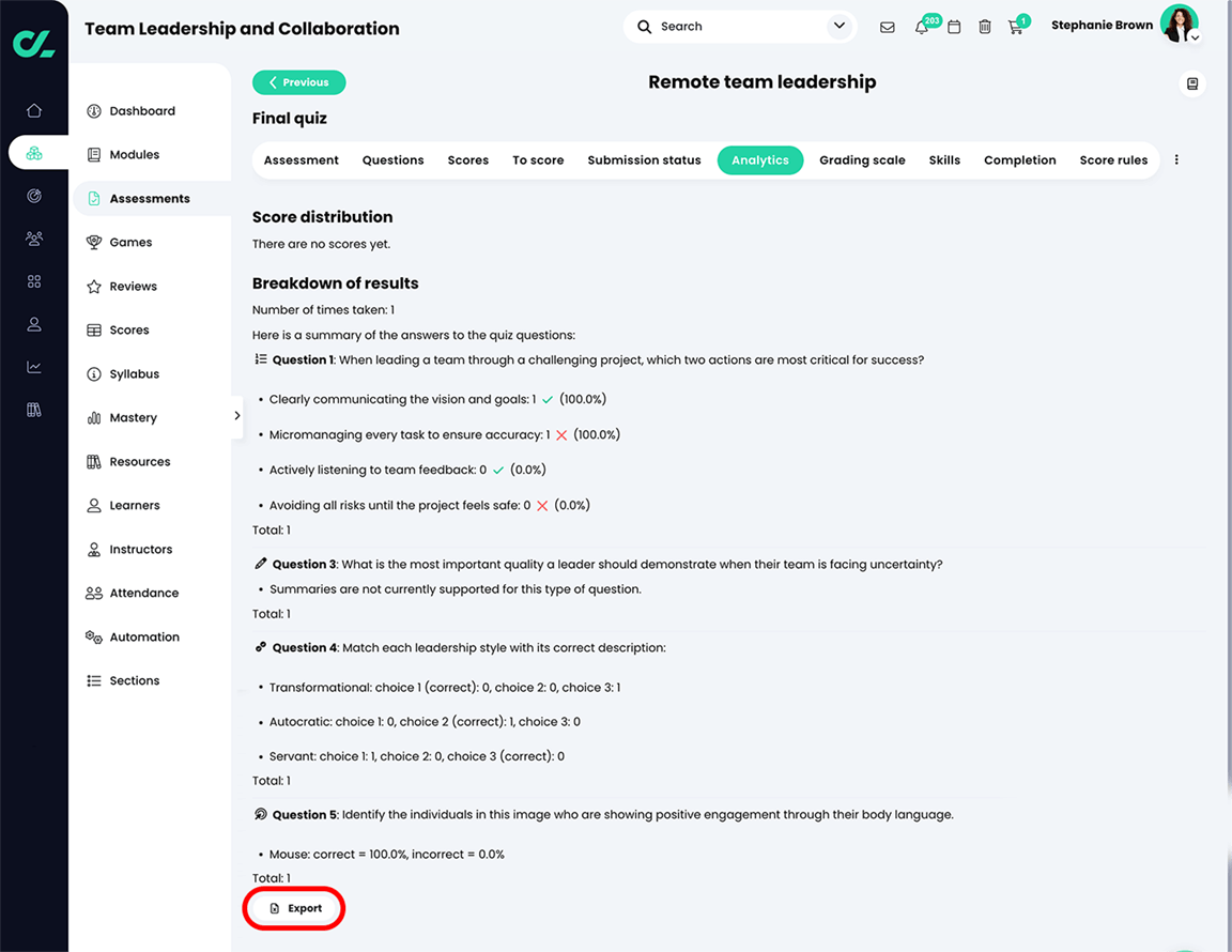 Course, Assessments, Quiz, Analytics tab with the Export button highlighted