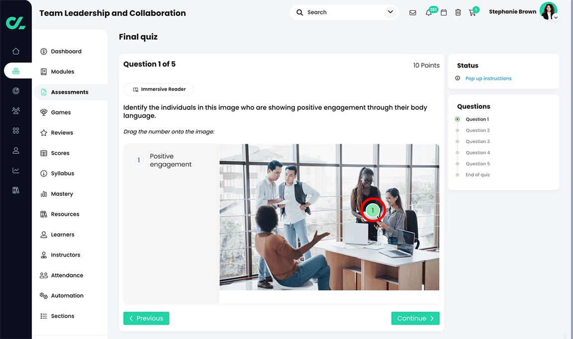 Course, Assessments, Final quiz, Hotspot question example with the label placed on an image and highlighted 