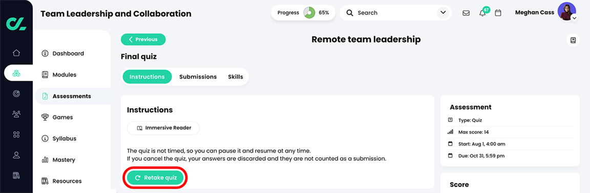 Learner perspective of a quiz, Instructions page with the Retake quiz button highlighted