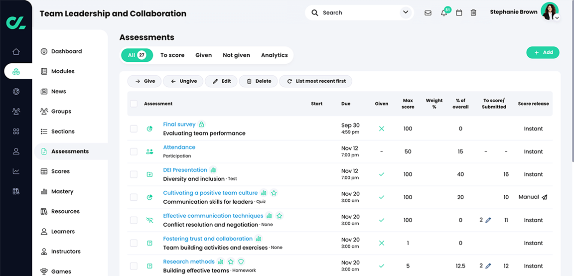 Course, Assessments, All tab with a list of 27 assessments