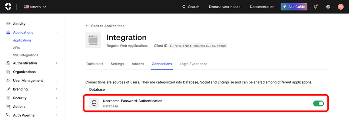 Auth0, Applications, Connections tab with the 'Username-Password-Authentication' Database toggled on and highlighted