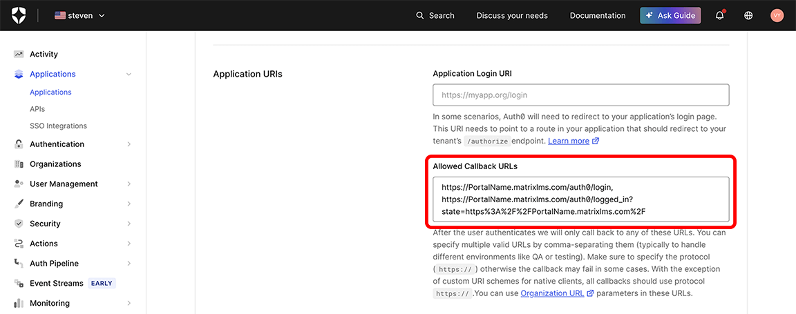 Auth0, Applications, Settings tab, Application URIs section with the Allowed Callback URLs section highlighted