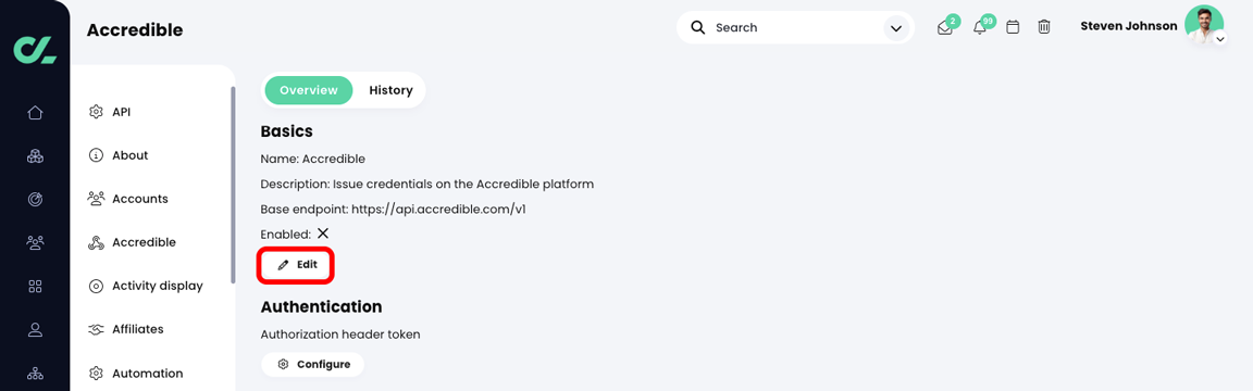 Admin, Accredible, Overview tab with the Edit button highlighted