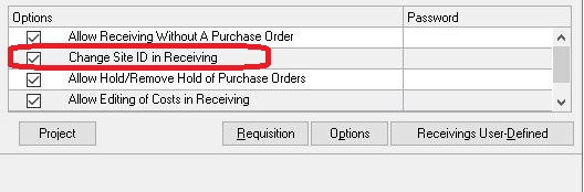 Purchase Order Processing setup window showing the option to allow receiving to a different site