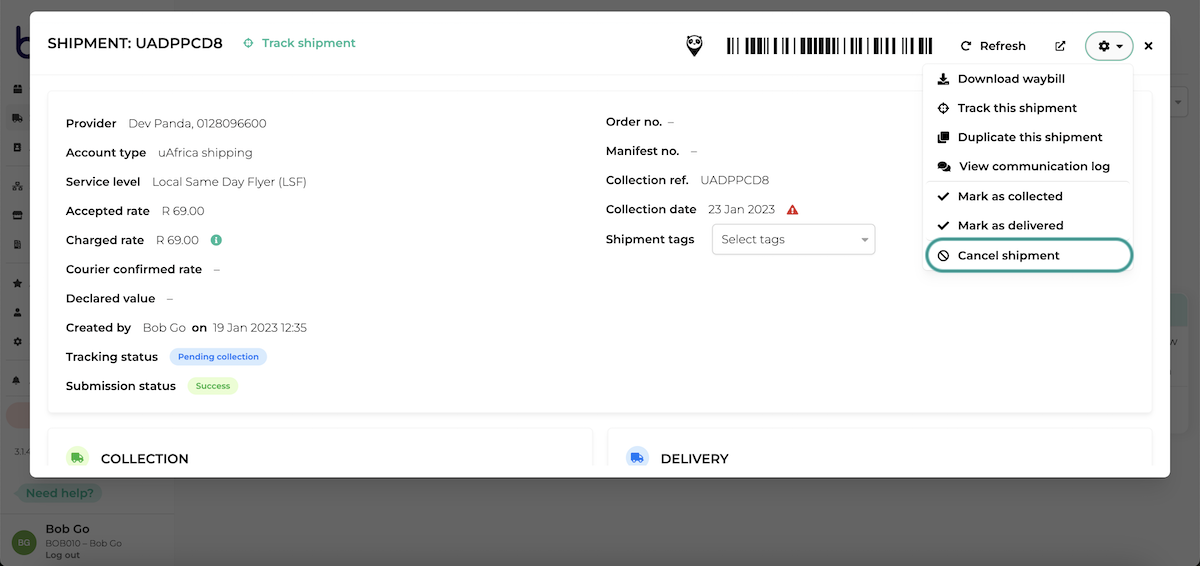 Cancel a shipment in Bob Go