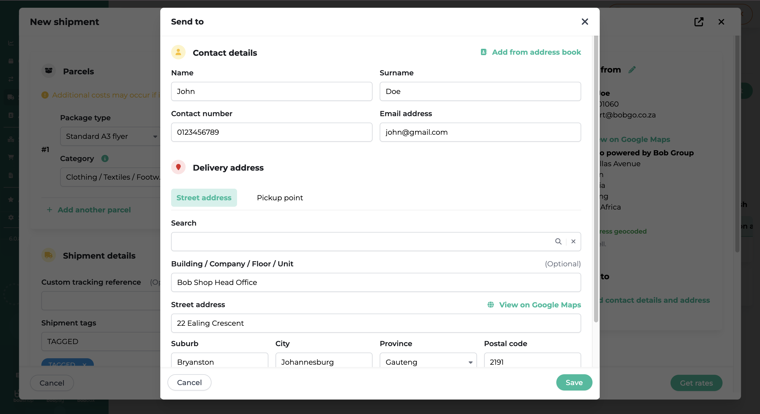 Add delivery address in Bob Go