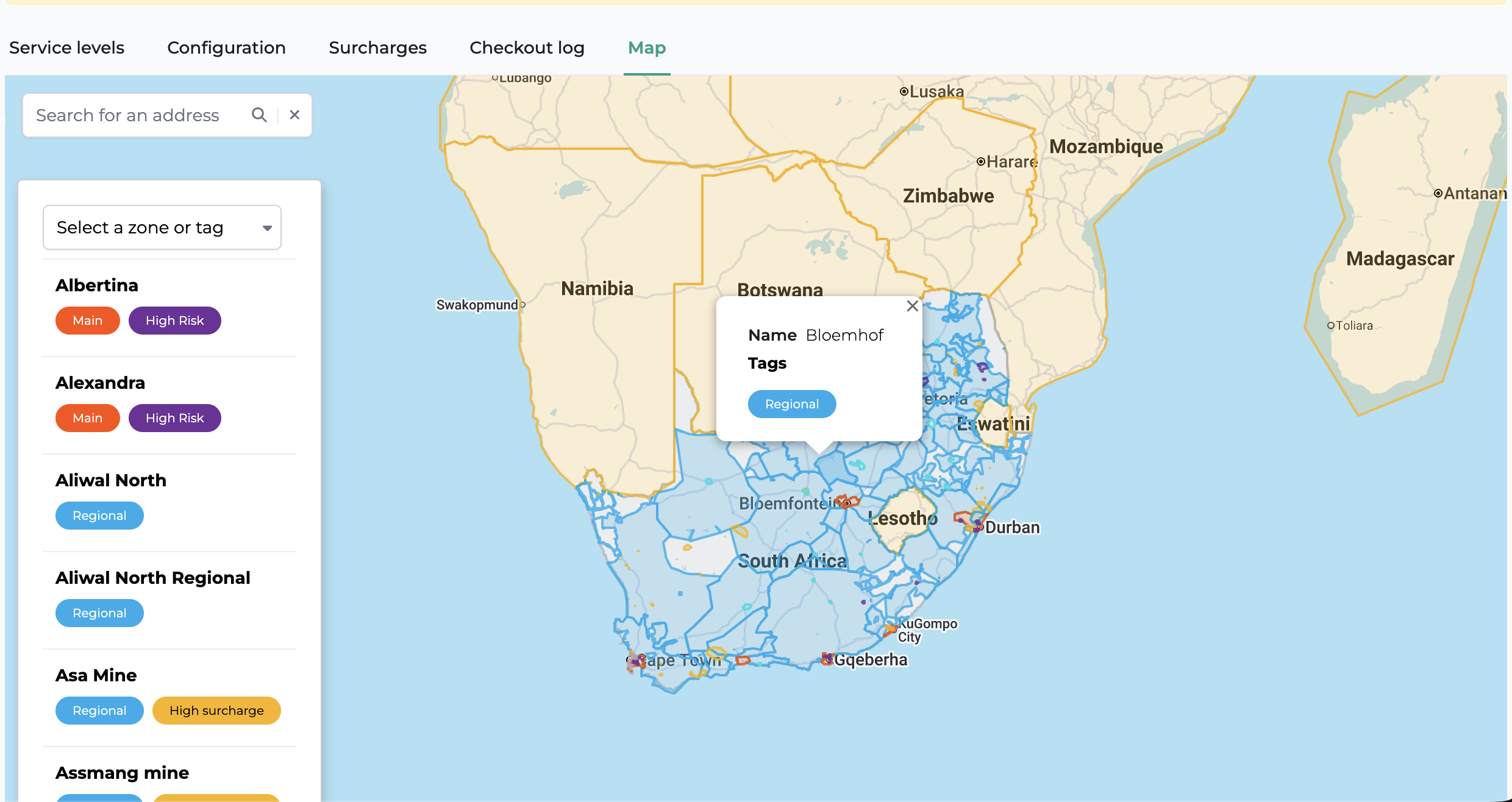 Rates at checkout delivery zone map