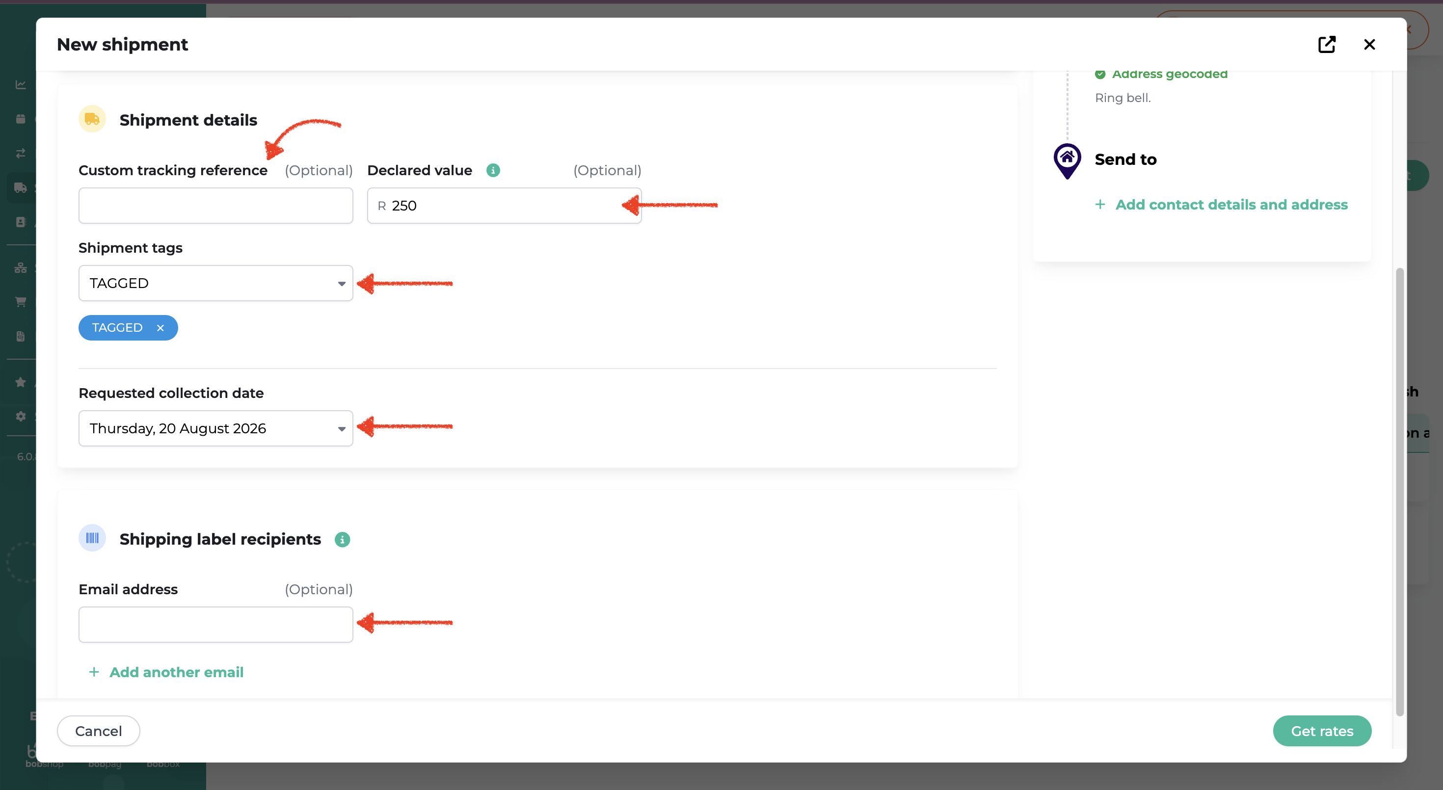 Optional shipment details in Bob Go