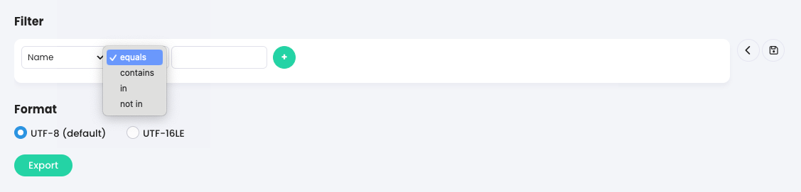 Export, Job titles tab with a filter being added with the second filter drop-down menu active 