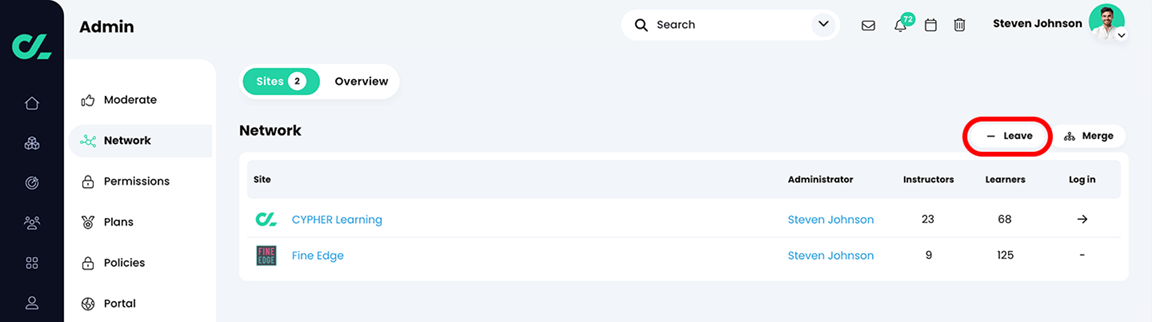 Admin, Network, Sites tab with the Leave button highlighted