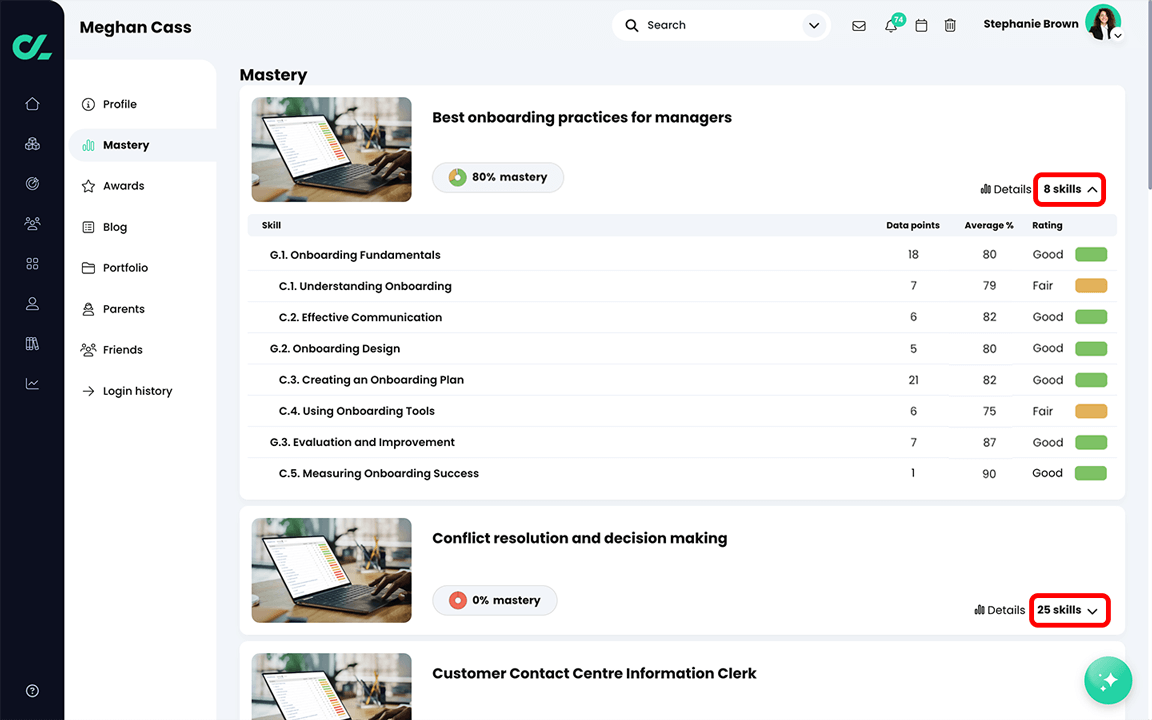 Profile, Mastery page with the skills drop down arrows highlighted for two courses