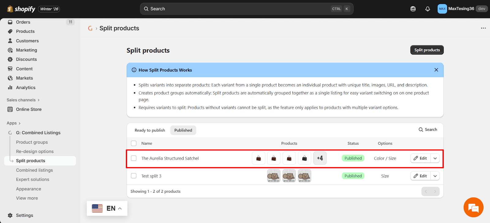 (1) Published tab in Split products
