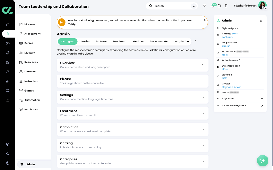 Sample SCORM course, Admin, Configure page with an on screen message that the import is being processed