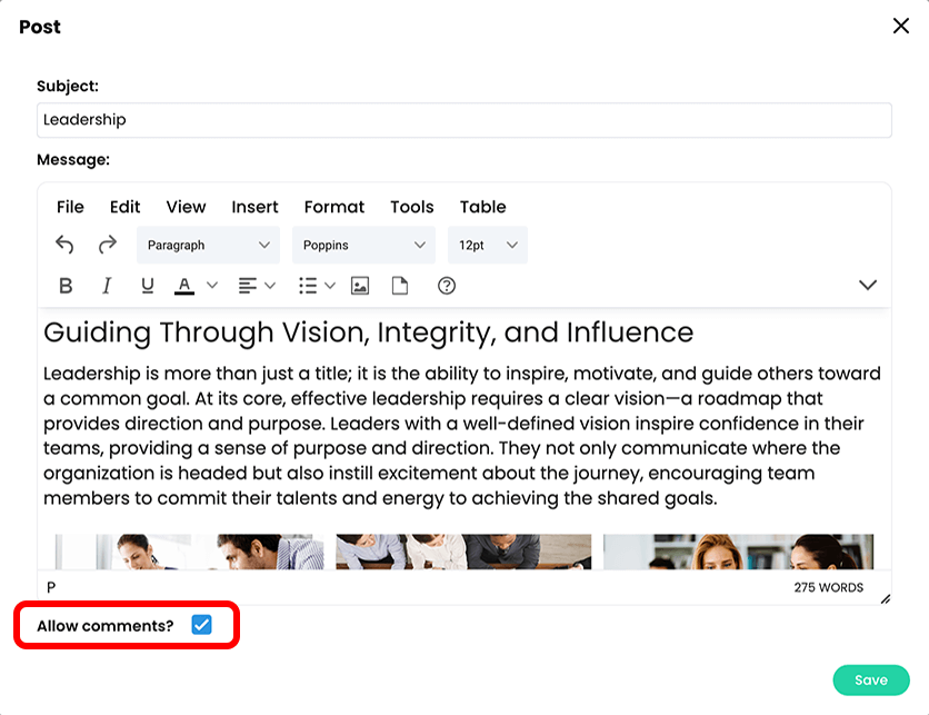 Blog Post pop-up with an example of a blog post and the Allow comments checkbox selected and highlighted