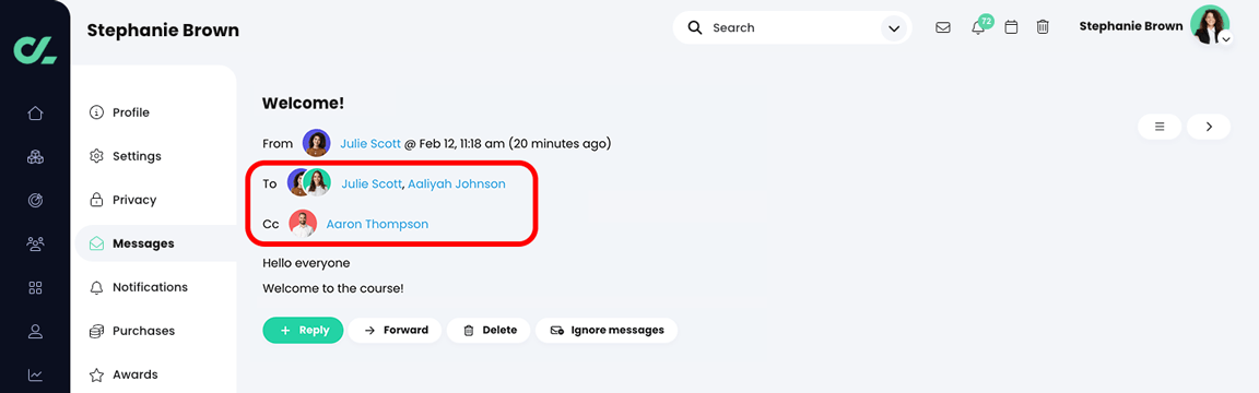 A message with the To and Cc sections highlighted
