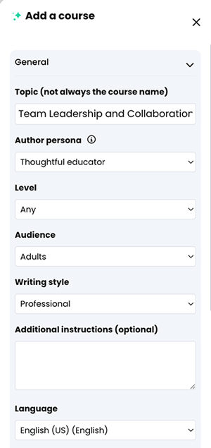 CYPHER Agent menu, Add a course flow, General section
