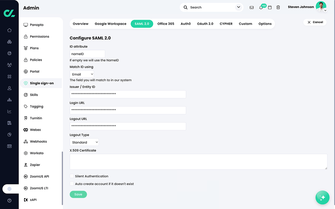 Admin, Single sign-on, Configure SAML 2.0 page with example values entered