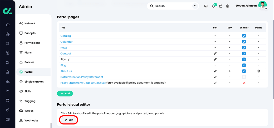Admin, Portal, Visitor view tab, Portal visual editor section with the Edit button highlighted