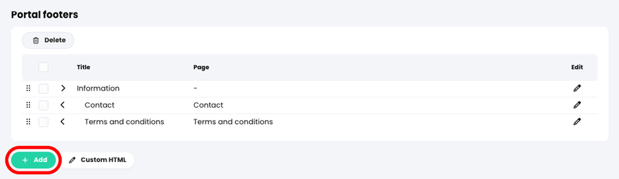 Admin, Portal, Visitor view tab, Portal footers section with the Add button highlighted