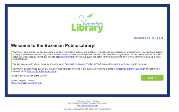Bozeman Public Library welcome notice