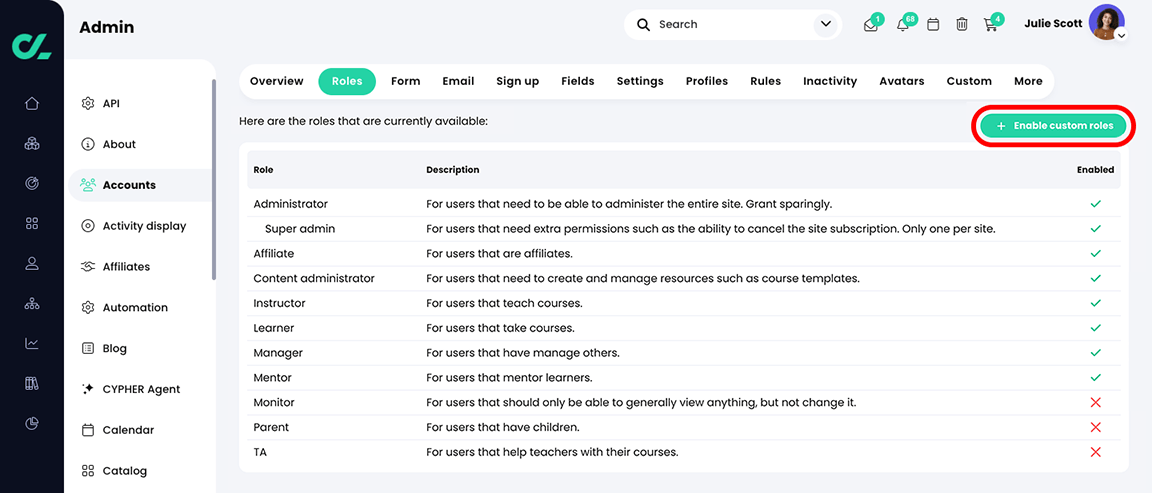 Admin, Accounts, Roles tab with the Enable custom roles button highlighted