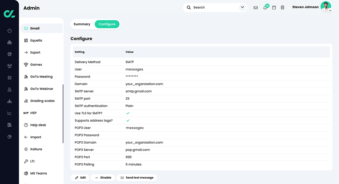 Admin, Email, Configure tab, Saved configuration settings