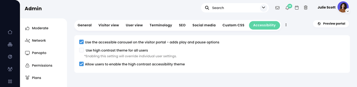Admin, Portal, Accessibility tab with the Use the accessible carousel on the visitor portal and Allow users to enable the high contrast accessibility theme settings selected