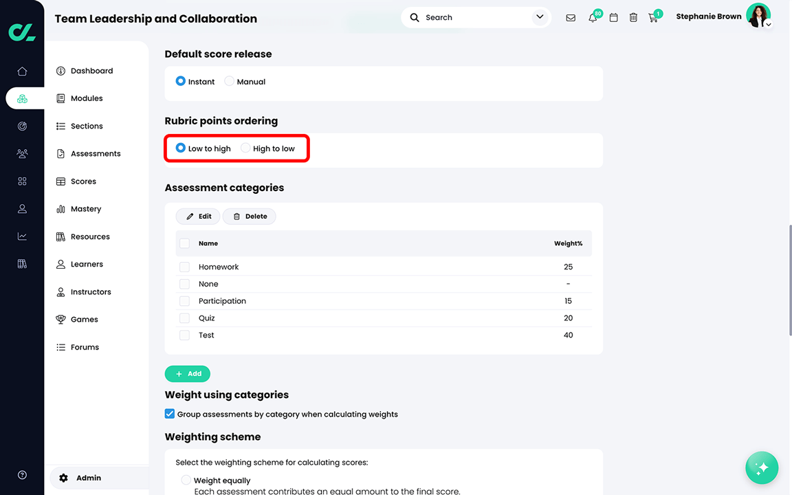Course, Admin, Assessments page with the Low to high and High to low radio buttons highlighted in the Rubric points ordering section